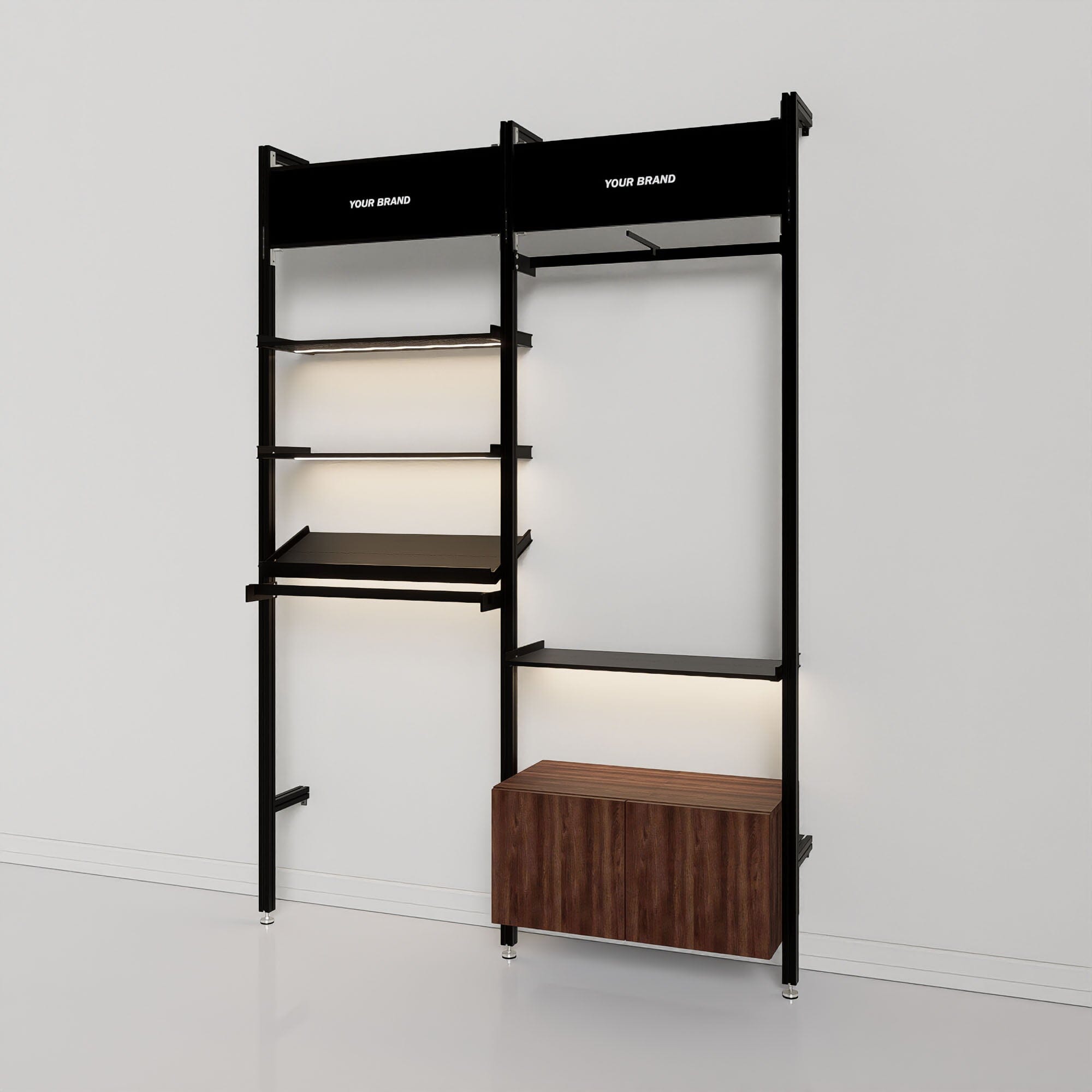 Retail Display Shelving with Signage and Storage - 2 Bay
