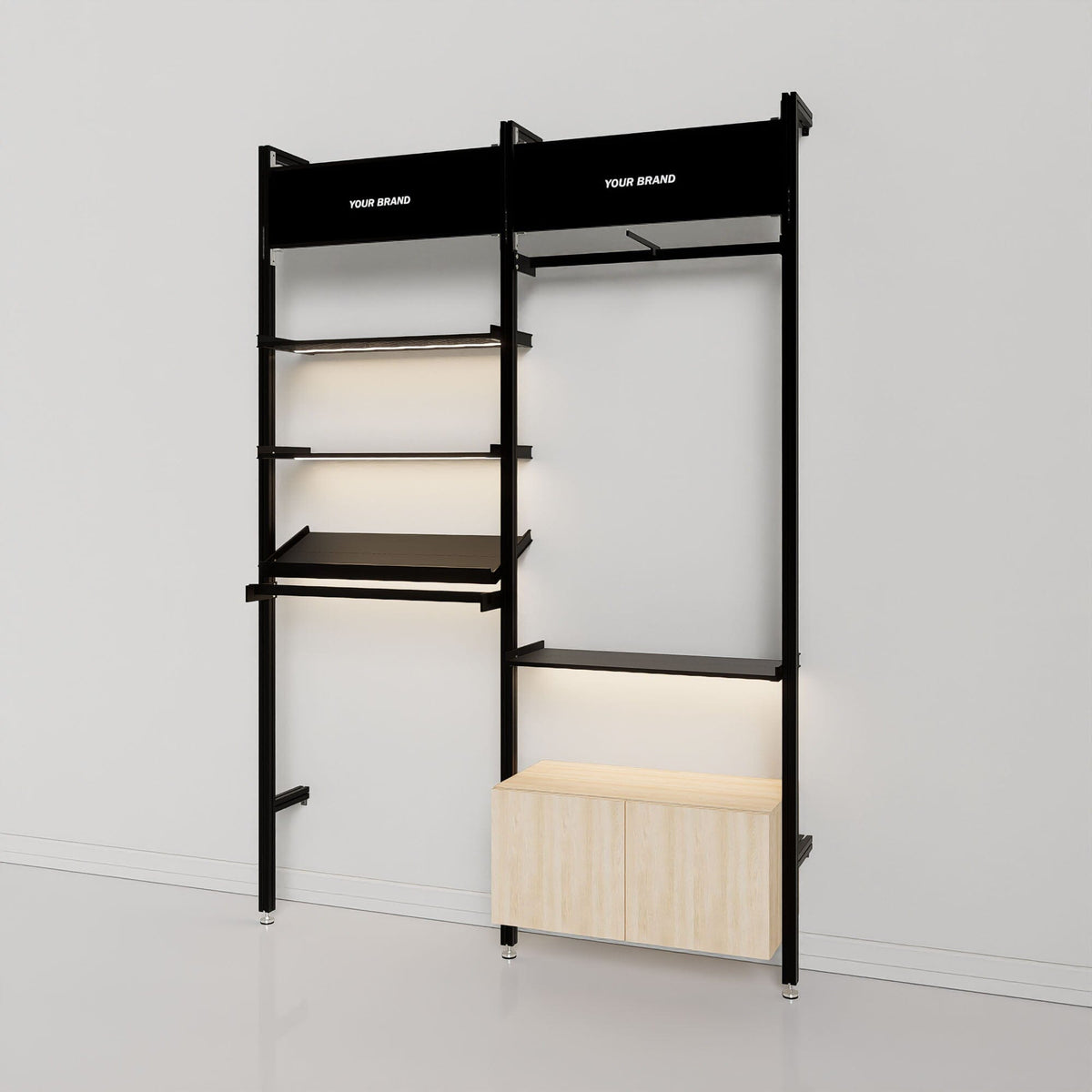Retail display shelving unit with black shelves and black vertical posts, two bays.