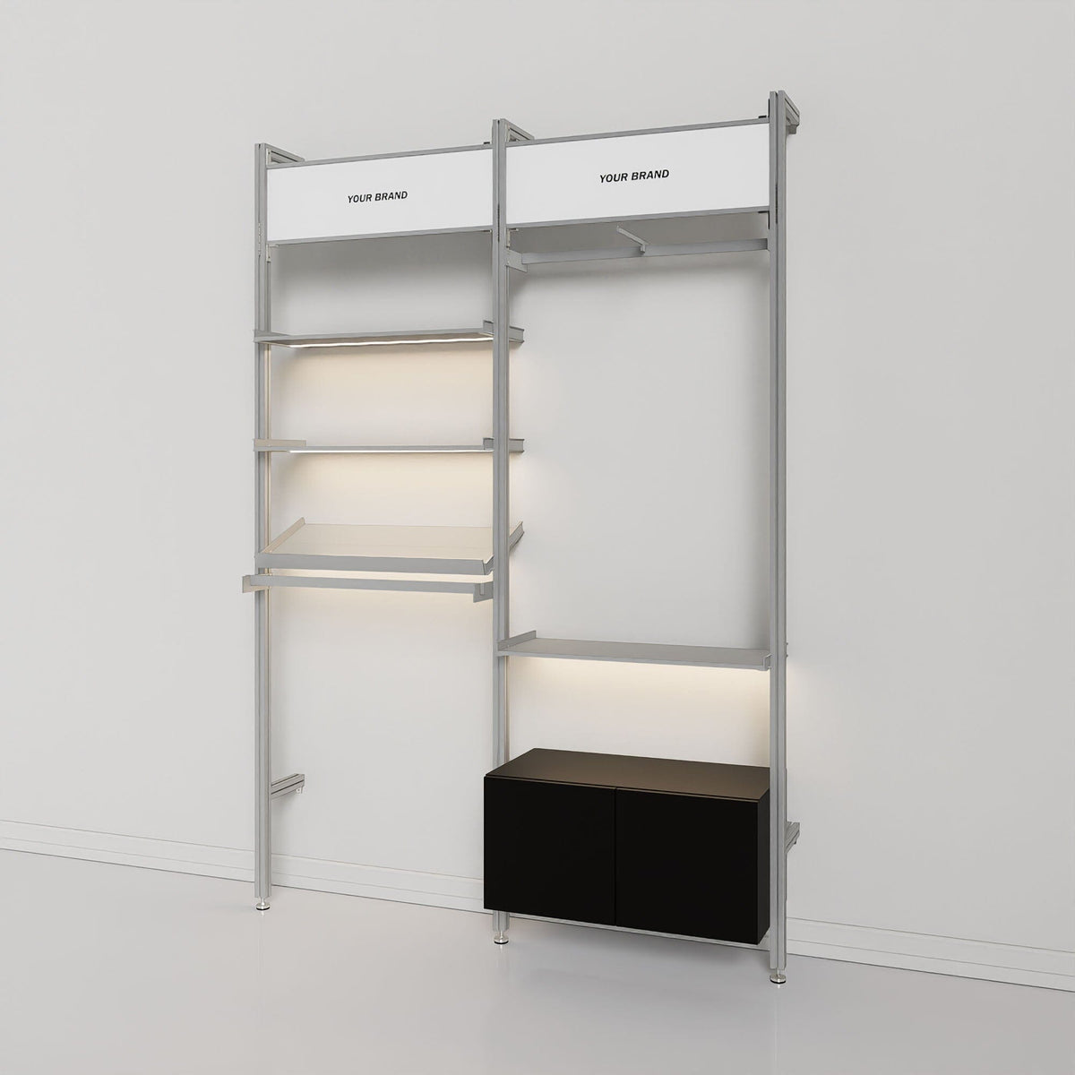 Retail display shelving unit with black walnut shelves and satin vertical posts, two bays.