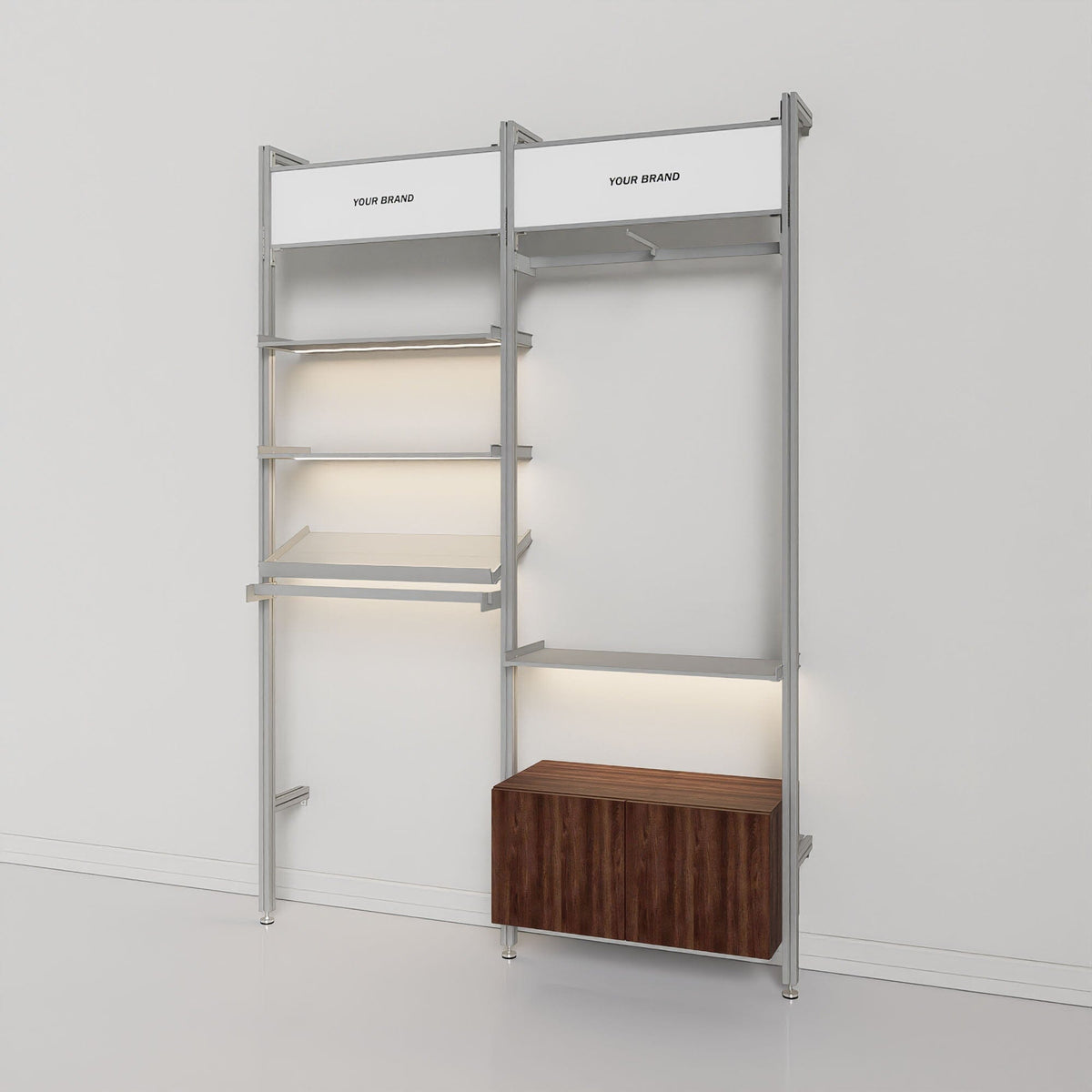 Retail display shelving unit with natural ash shelves and satin vertical posts, two bays.