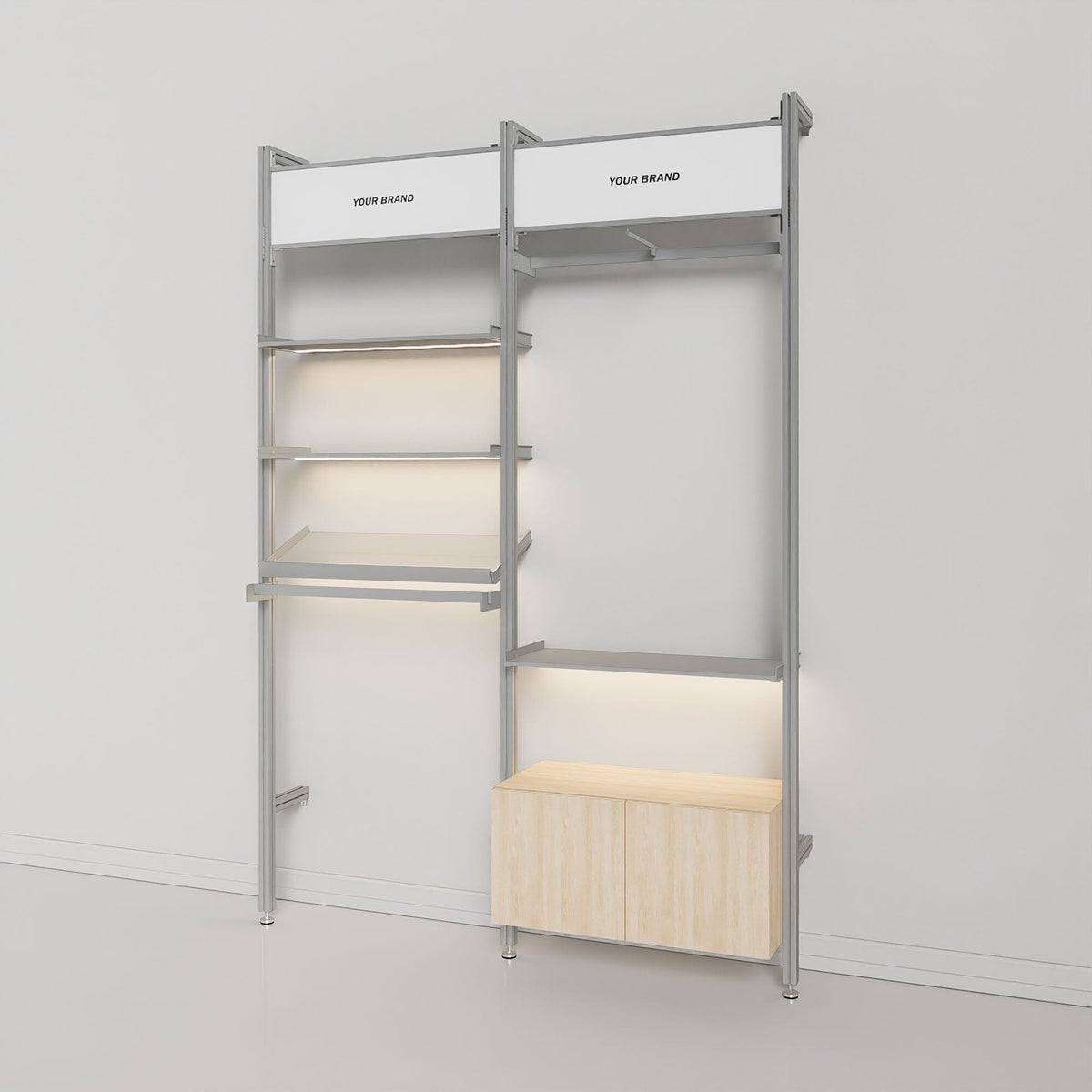 Retail display shelving unit with natural ash shelves and white vertical posts, two bays.