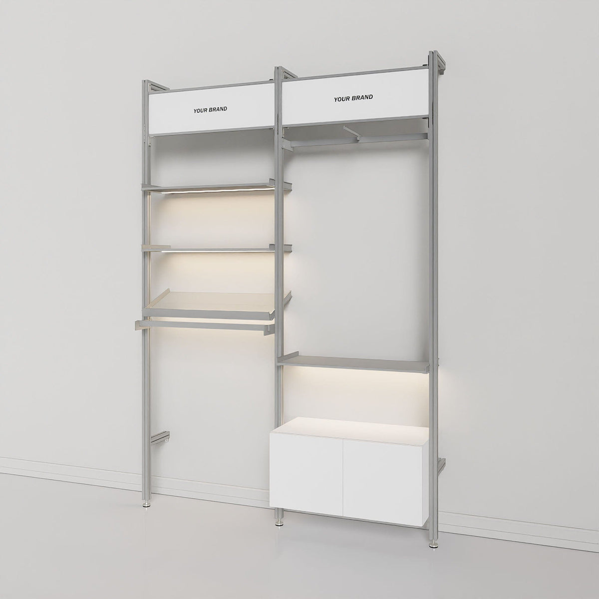 Retail display shelving unit with black walnut shelves and white vertical posts, two bays.