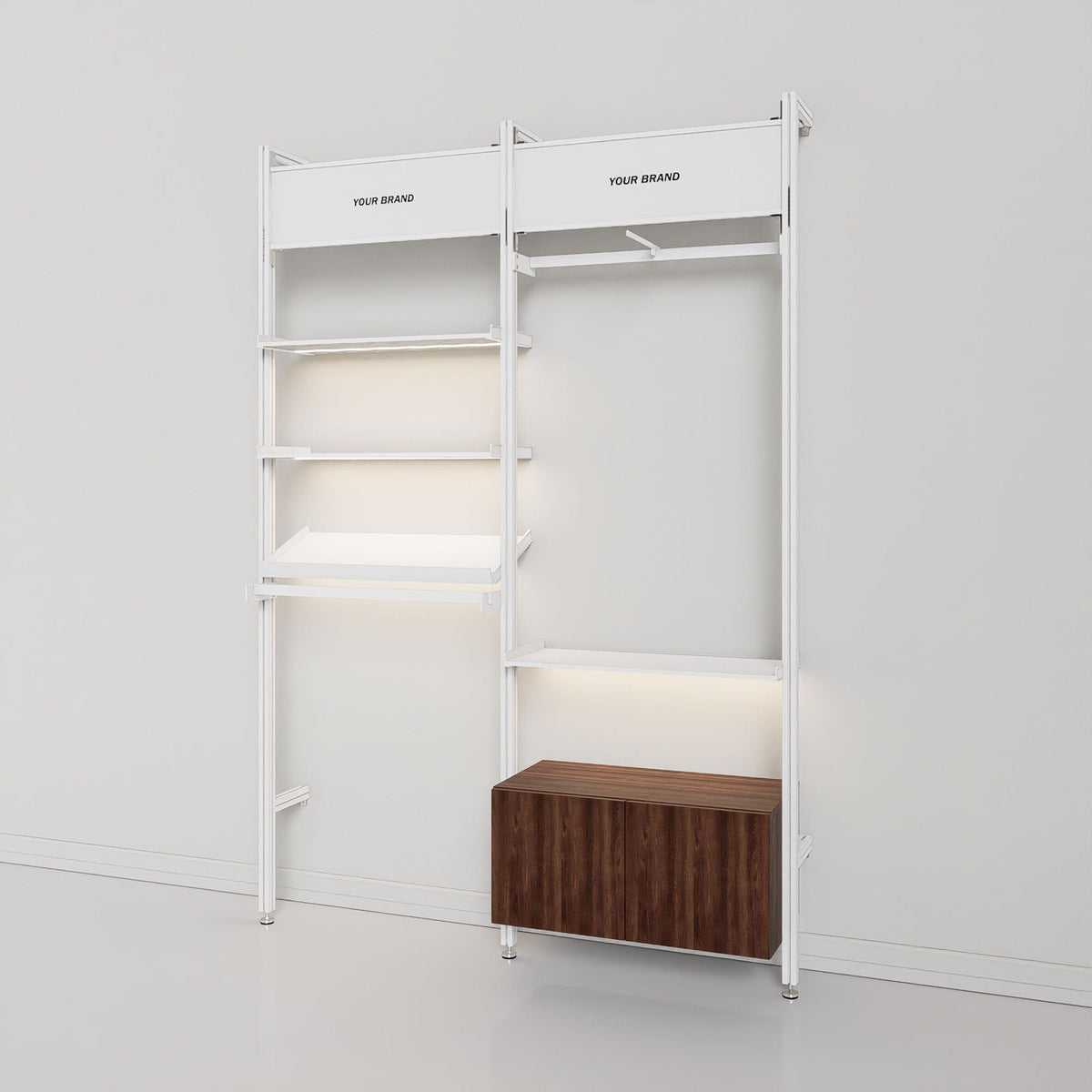Retail display shelving unit with natural ash shelves and black vertical posts, two bays.