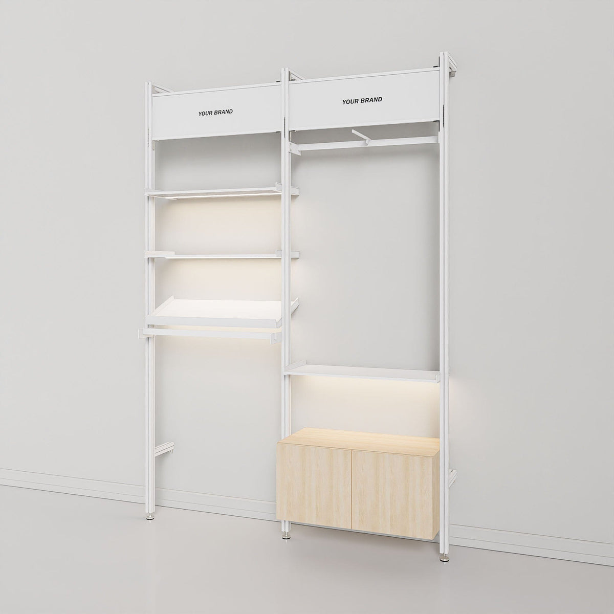 Retail display shelving unit with black walnut shelves and black vertical posts, two bays.