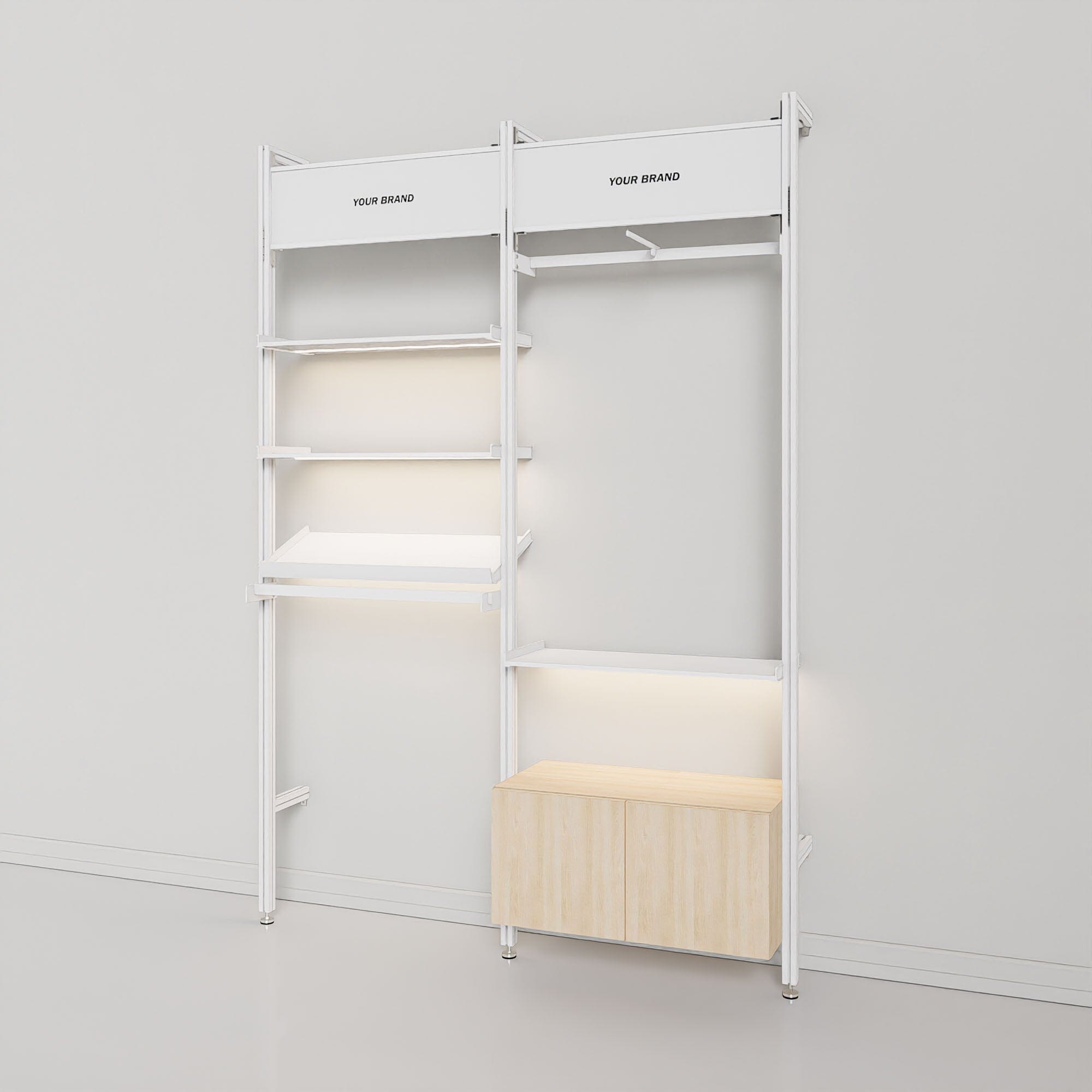 Retail Display Shelving with Signage and Storage - 2 Bay