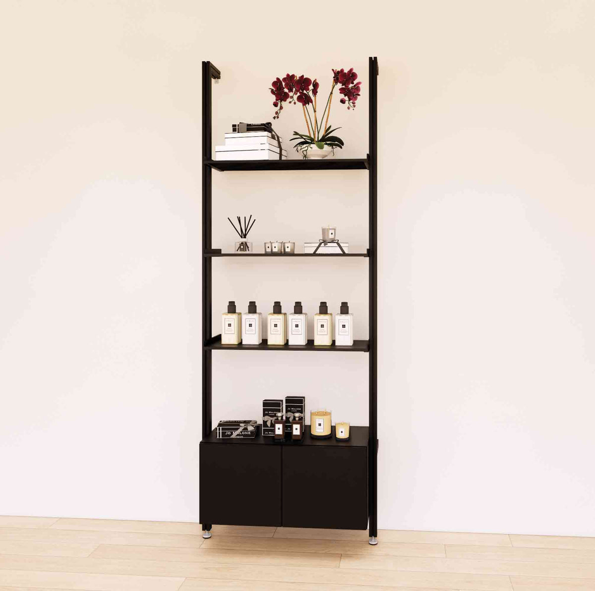 Retail display shelving unit with black shelves, black vertical posts, and base cabinets in a 31-inch, one-bay configuration, shown with open display shelving.