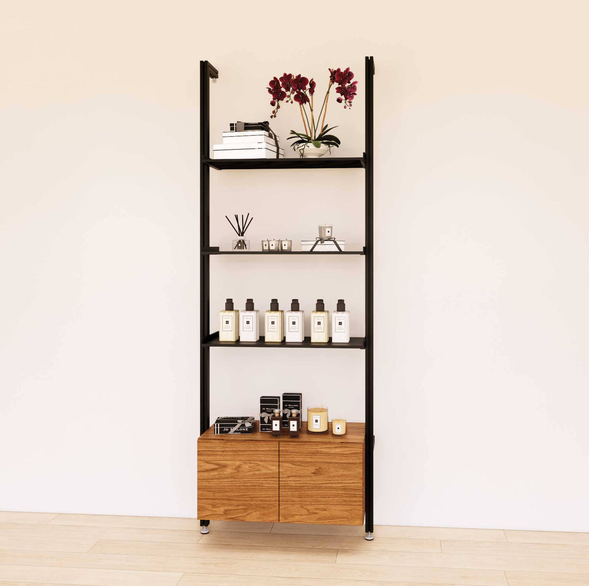 Retail display shelving unit with Tea for Two shelves, black vertical posts, and base cabinets in a 31-inch, one-bay configuration, shown with open display shelving.