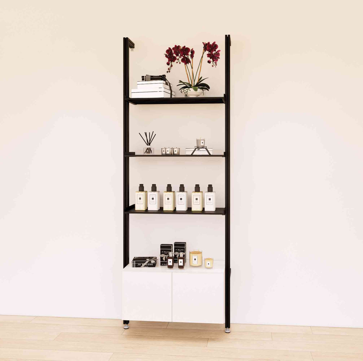 Retail display shelving unit with white shelves, black vertical posts, and base cabinets in a 31-inch, one-bay configuration, shown with open display shelving.