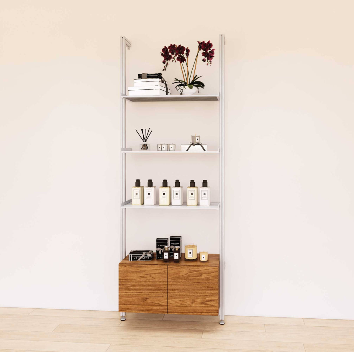 Retail display shelving unit with Tea for Two shelves, satin vertical posts, and base cabinets in a 31-inch, one-bay configuration, shown with open display shelving.