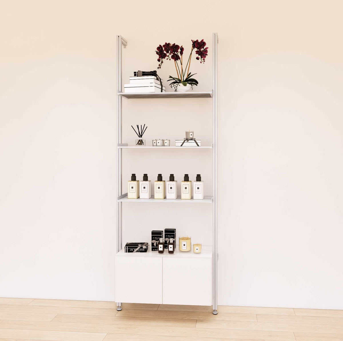 Retail display shelving unit with white shelves, satin vertical posts, and base cabinets in a 31-inch, one-bay configuration, shown with open display shelving.