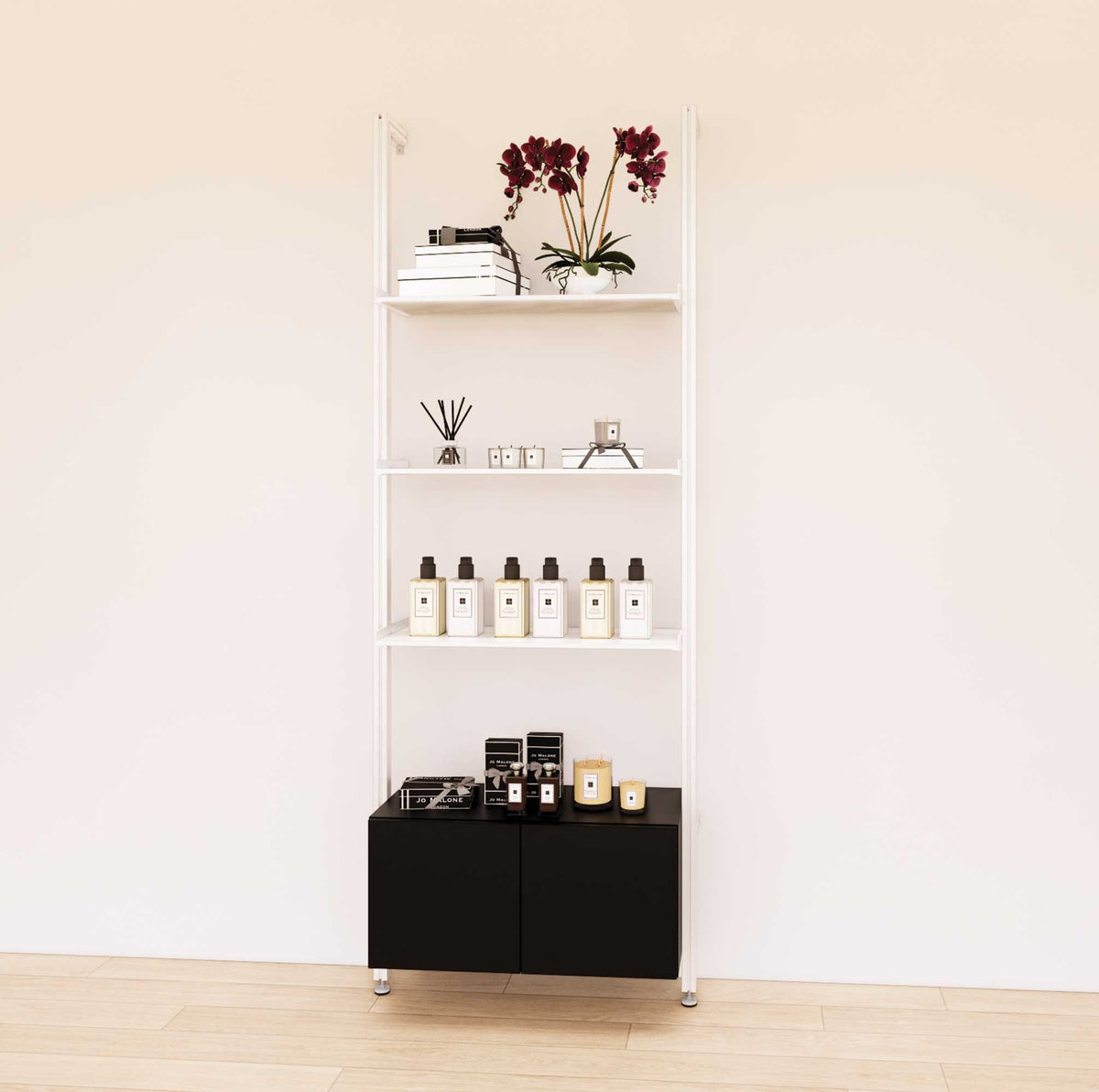 Retail display shelving unit with black shelves, white vertical posts, and base cabinets in a 31-inch, one-bay configuration, shown with open display shelving.
