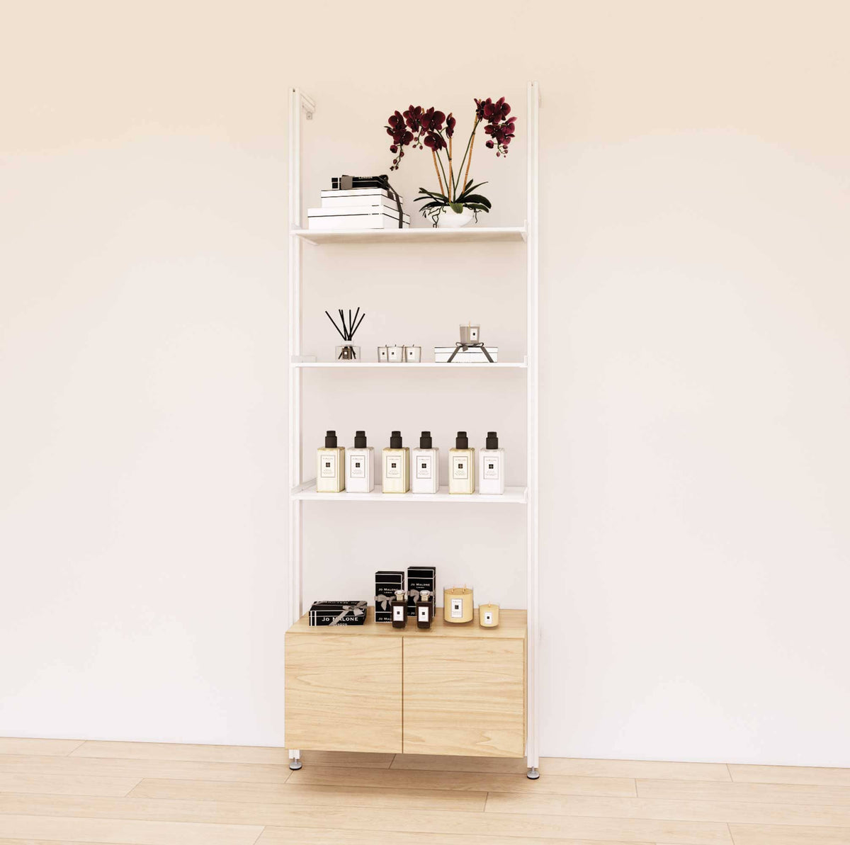 Retail display shelving unit with Casting Light shelves, white vertical posts, and base cabinets in a 31-inch, one-bay configuration, shown with open display shelving.