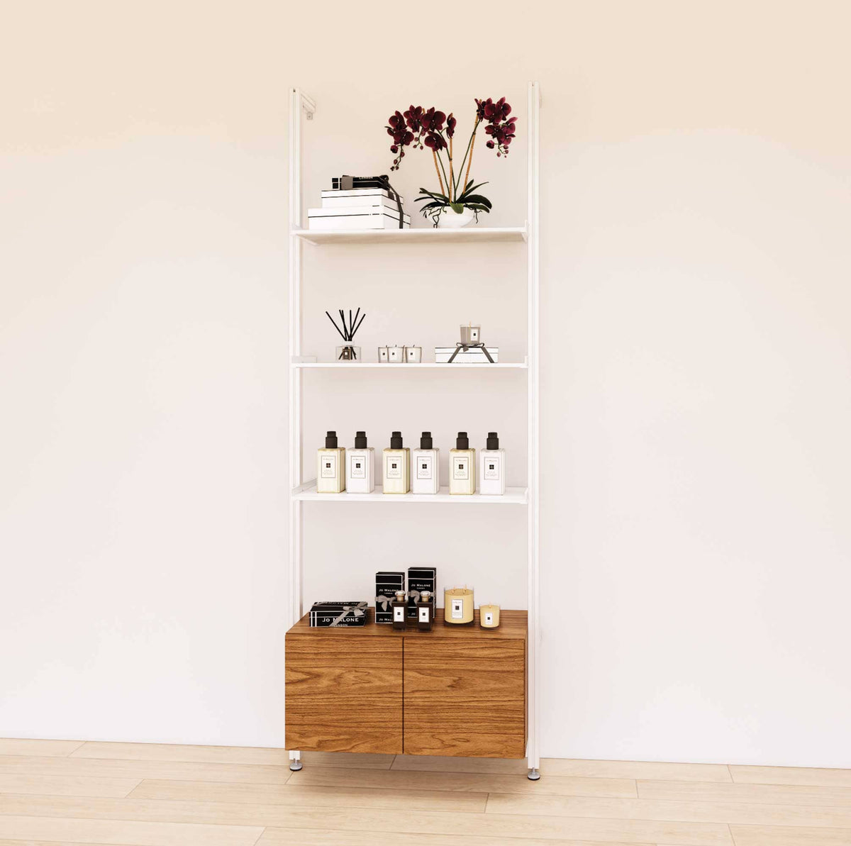 Retail display shelving unit with Tea for Two shelves, white vertical posts, and base cabinets in a 31-inch, one-bay configuration, shown with open display shelving.