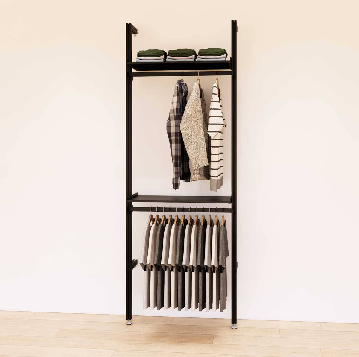 Retail display shelving unit with black shelves and black vertical posts, shown with two display shelves and two hanger bars in a 31-inch, one-bay configuration.