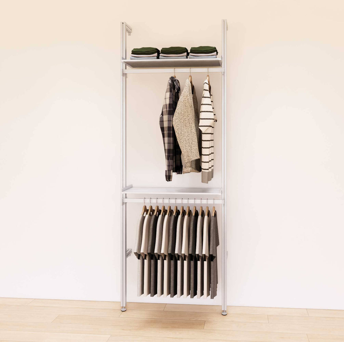 Retail display shelving unit with satin shelves and satin vertical posts, shown with two display shelves and two hanger bars in a 31-inch, one-bay configuration.