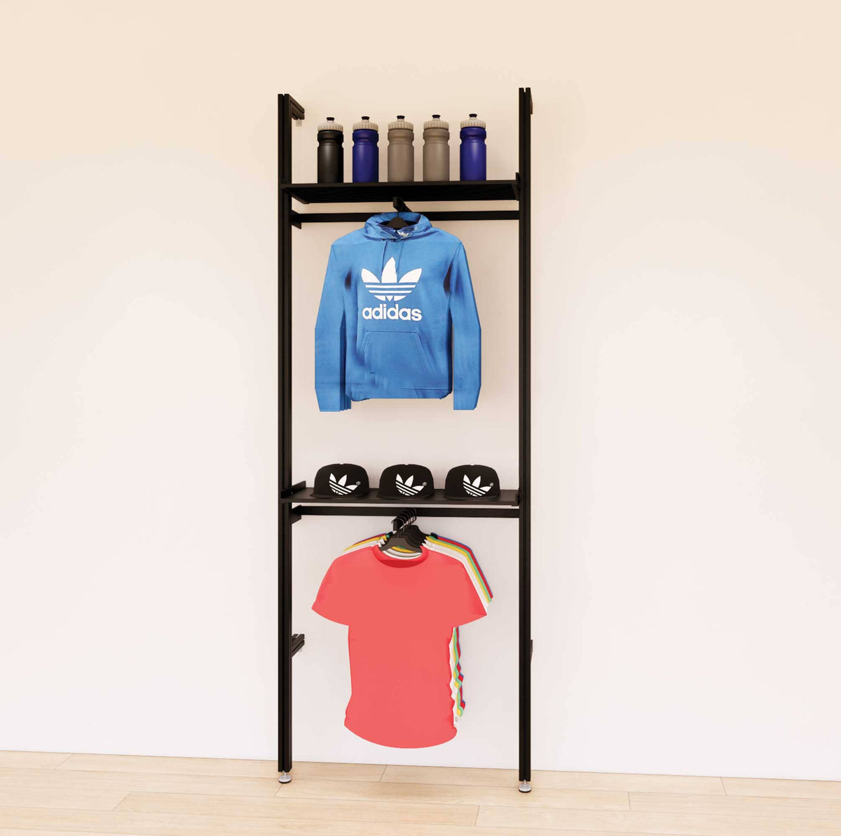 Retail display shelving unit with black shelves and black vertical posts, shown with front hanging bars and display shelves in a 31-inch, one-bay configuration.