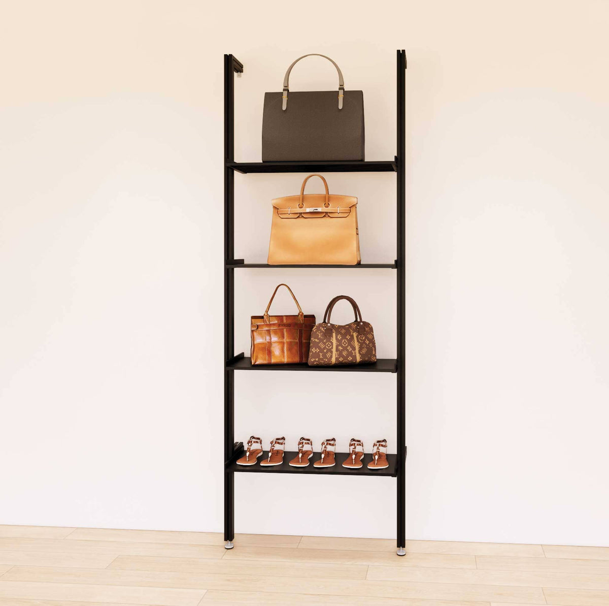 Retail display shelving unit with black shelves and black vertical posts, shown with open display shelves in a 31-inch, one-bay configuration.