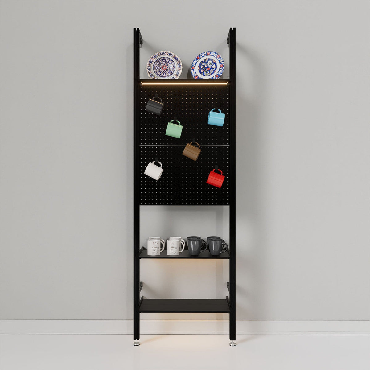 Retail display shelving unit with satin shelves and satin vertical posts, one bay.