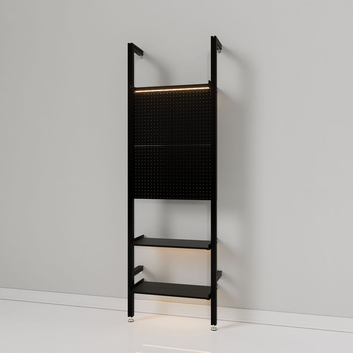 Retail display shelving unit with white shelves and white vertical posts, one bay.