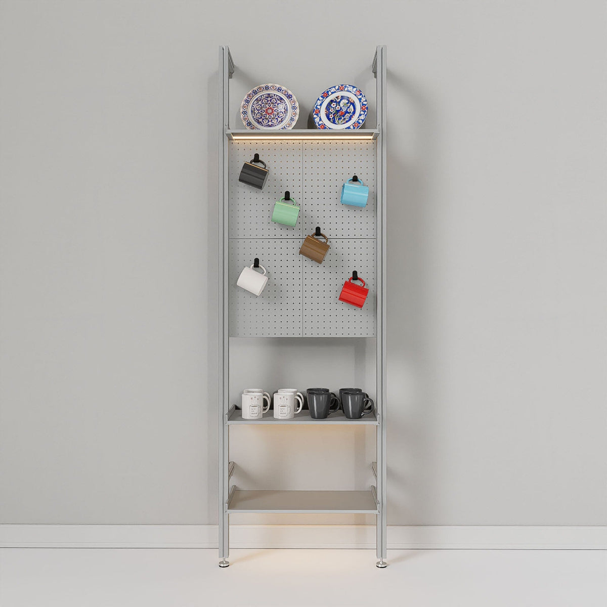 Retail display shelving unit with black shelves and black vertical posts, one bay.