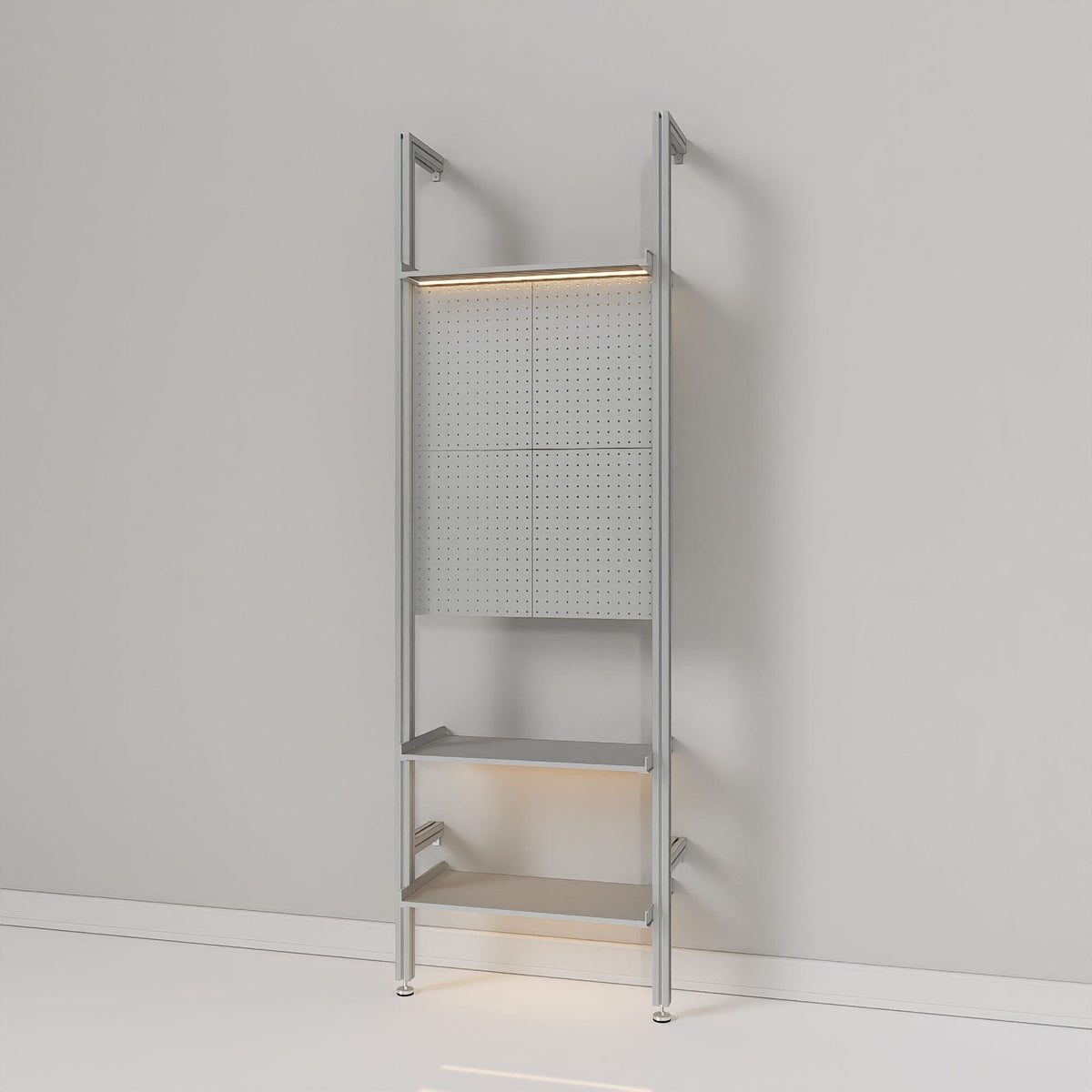 Retail display shelving extension with satin shelves and satin vertical posts, one bay.