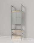 Retail display shelving extension with satin shelves and satin vertical posts, one bay.