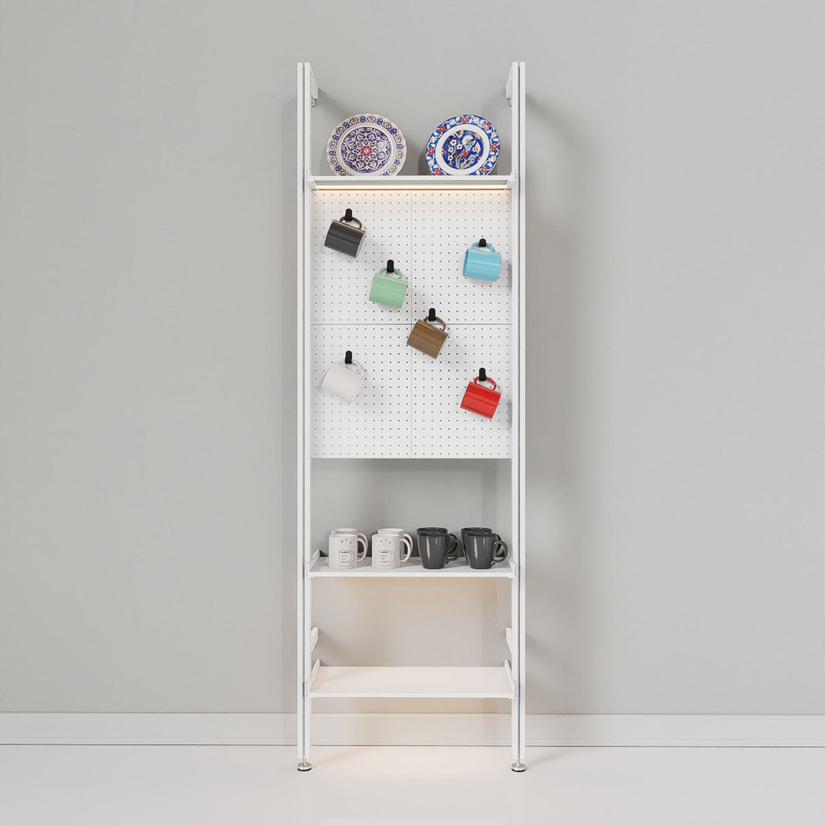 Retail display shelving extension with white shelves and white vertical posts, one bay.