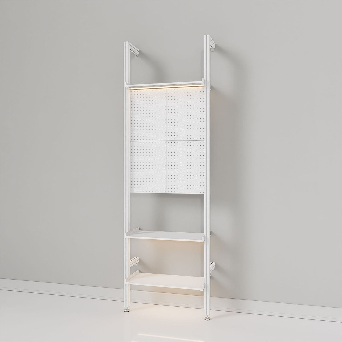 Retail display shelving extension with black shelves and black vertical posts, one bay.