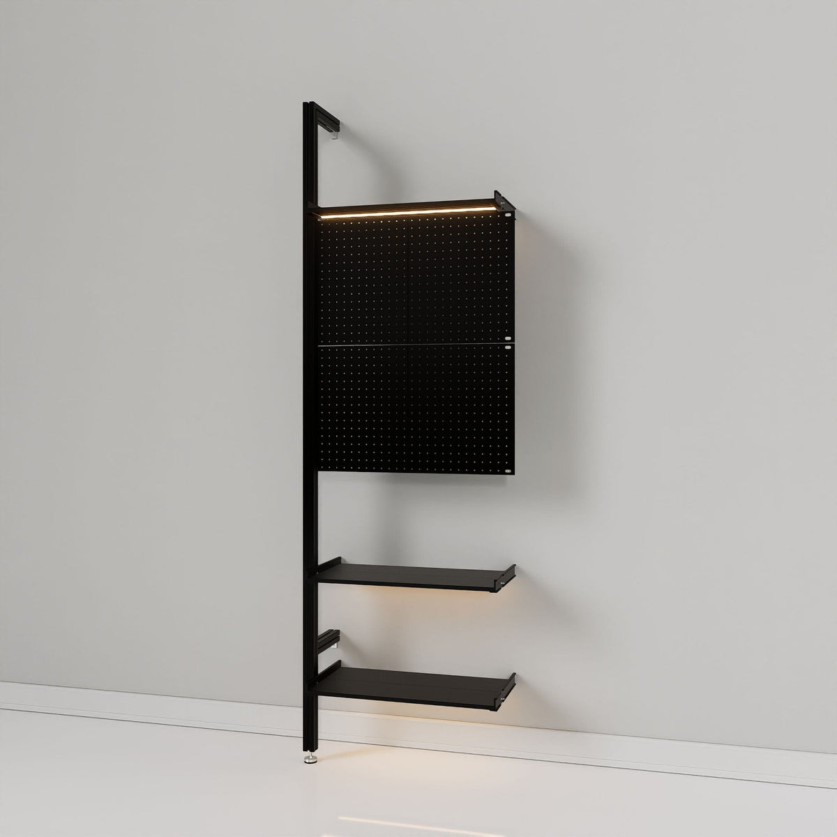 Retail display shelving unit with black shelves and black vertical posts, plus pegboards, shown with open shelving.