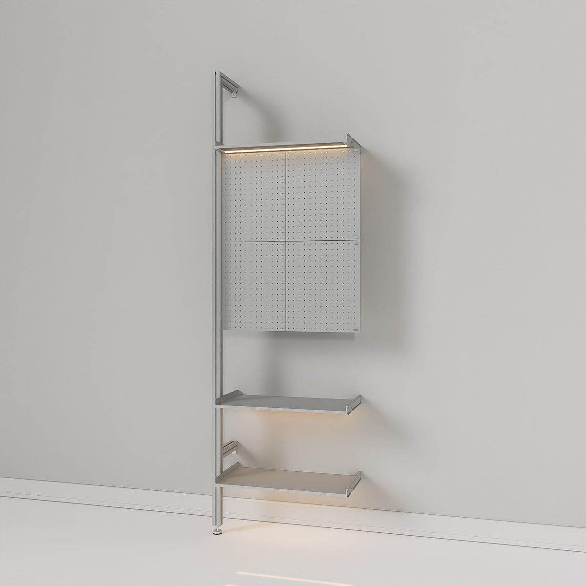 Retail display shelving unit with satin shelves and satin vertical posts, plus pegboards, shown with open shelving.