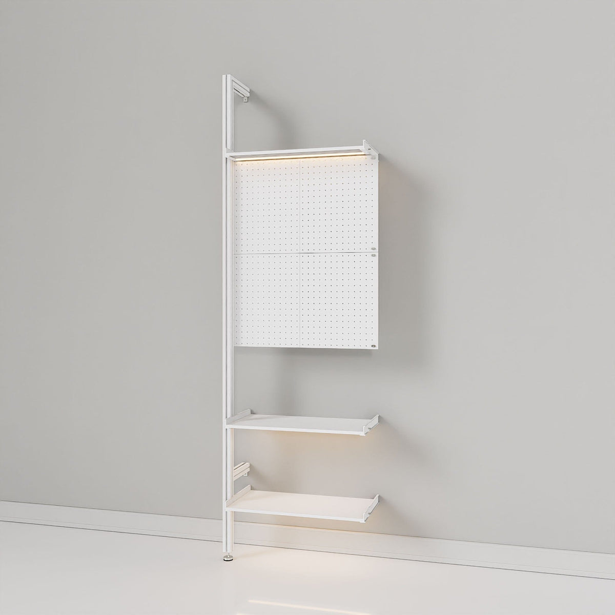 Retail display shelving unit with white shelves and white vertical posts, plus pegboards, shown with open shelving.