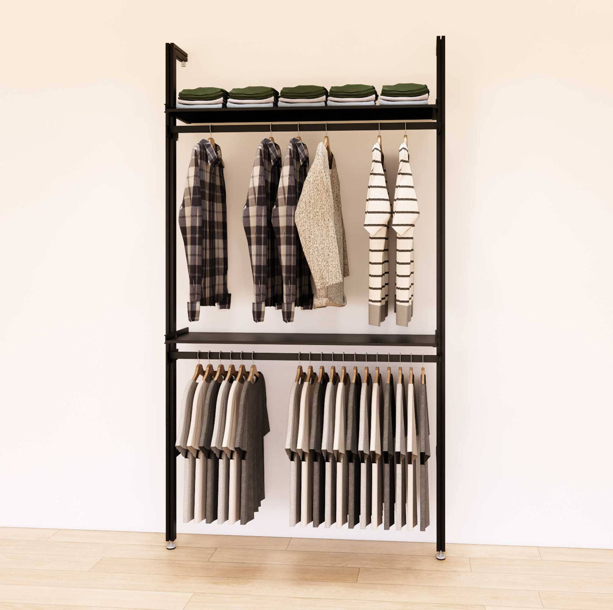 Retail display shelving unit with black shelves and black vertical posts, shown with two display shelves and two hanger bars in a 48-inch, one-bay configuration.