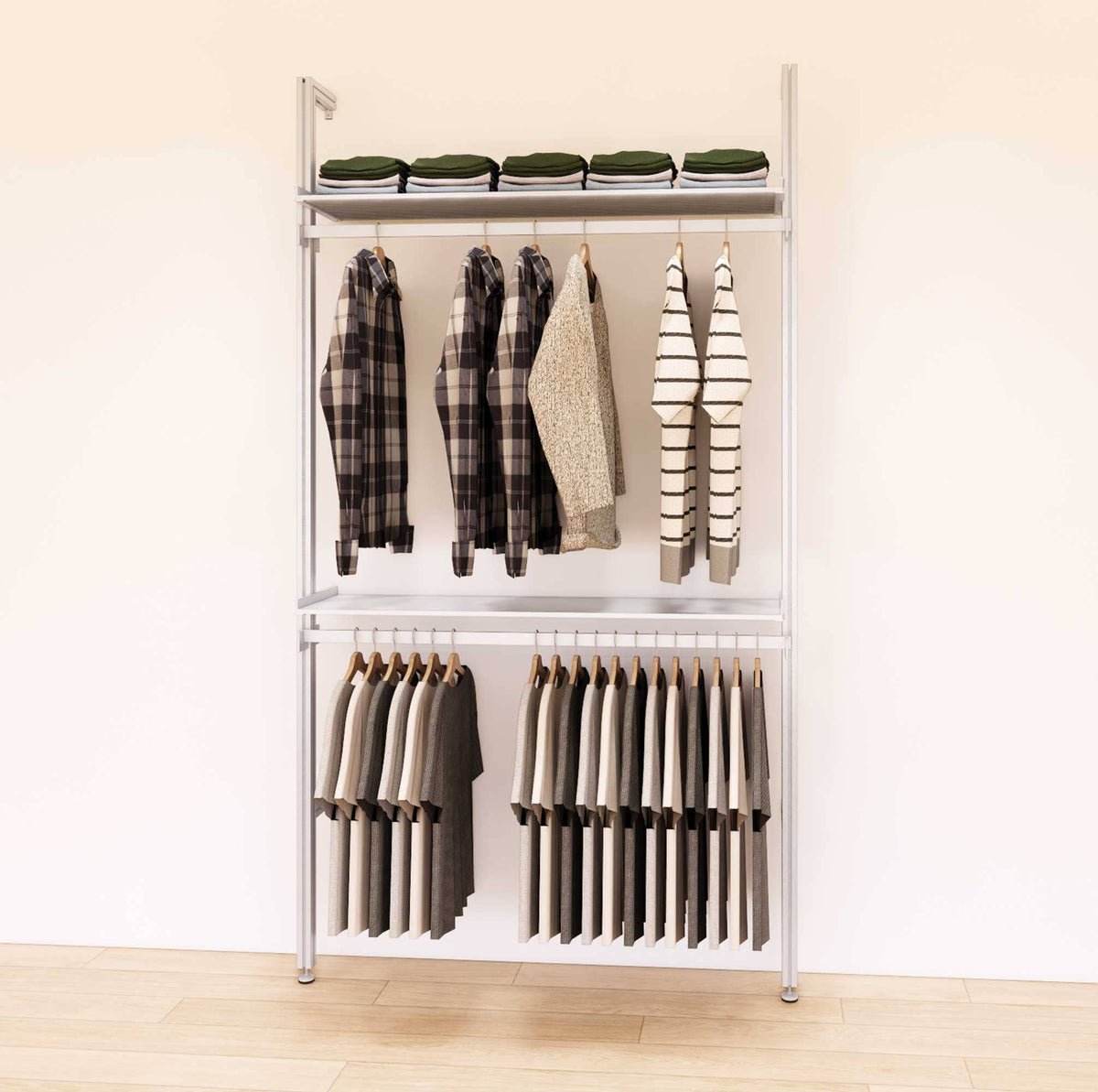 Retail display shelving unit with satin shelves and satin vertical posts, shown with two display shelves and two hanger bars in a 48-inch, one-bay configuration.