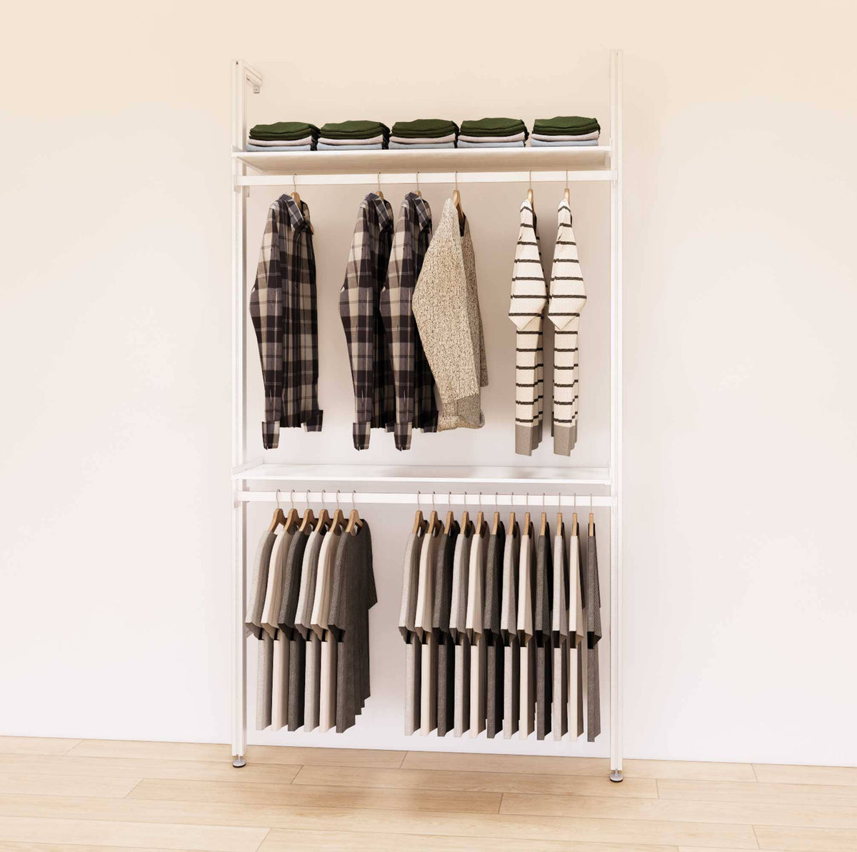 Retail display shelving unit with white shelves and white vertical posts, shown with two display shelves and two hanger bars in a 48-inch, one-bay configuration.