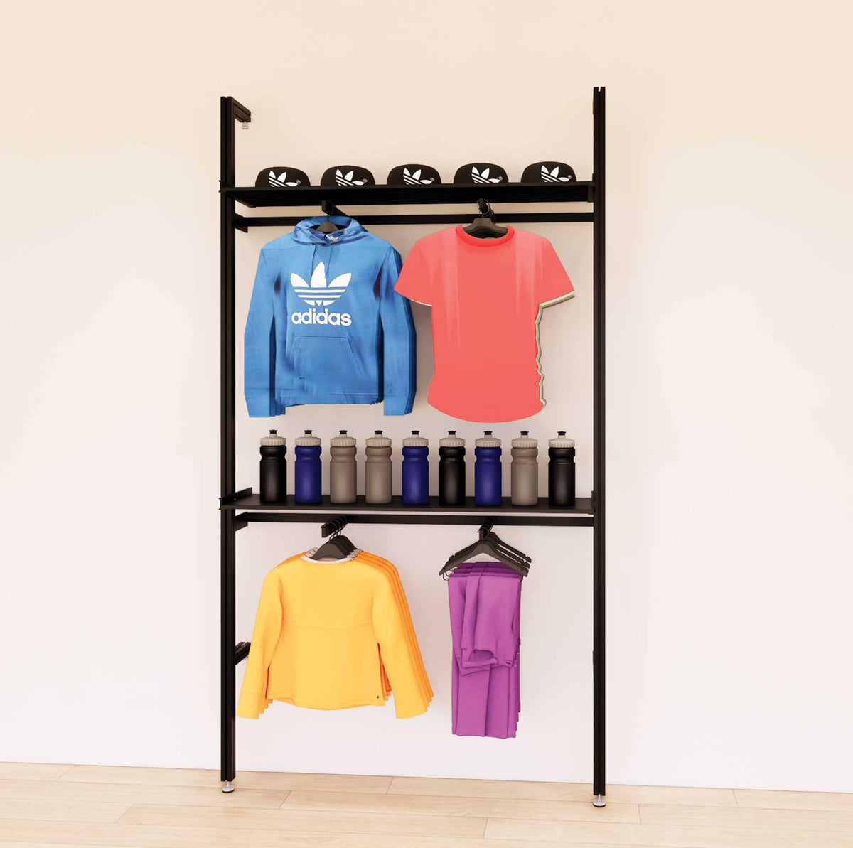 Retail display shelving unit with black shelves and black vertical posts, shown with front hanging bars and display shelves in a 48-inch, one-bay configuration.