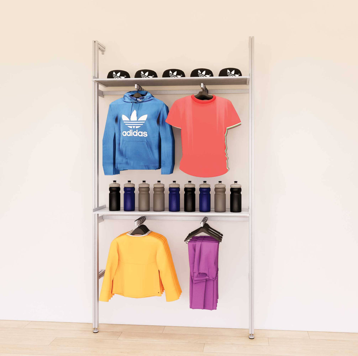 Retail display shelving unit with satin shelves and satin vertical posts, shown with front hanging bars and display shelves in a 48-inch, one-bay configuration.