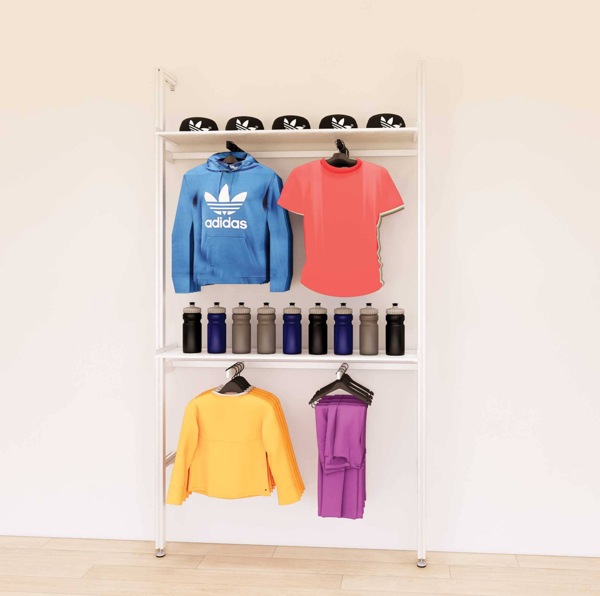 Retail display shelving unit with white shelves and white vertical posts, shown with front hanging bars and display shelves in a 48-inch, one-bay configuration.