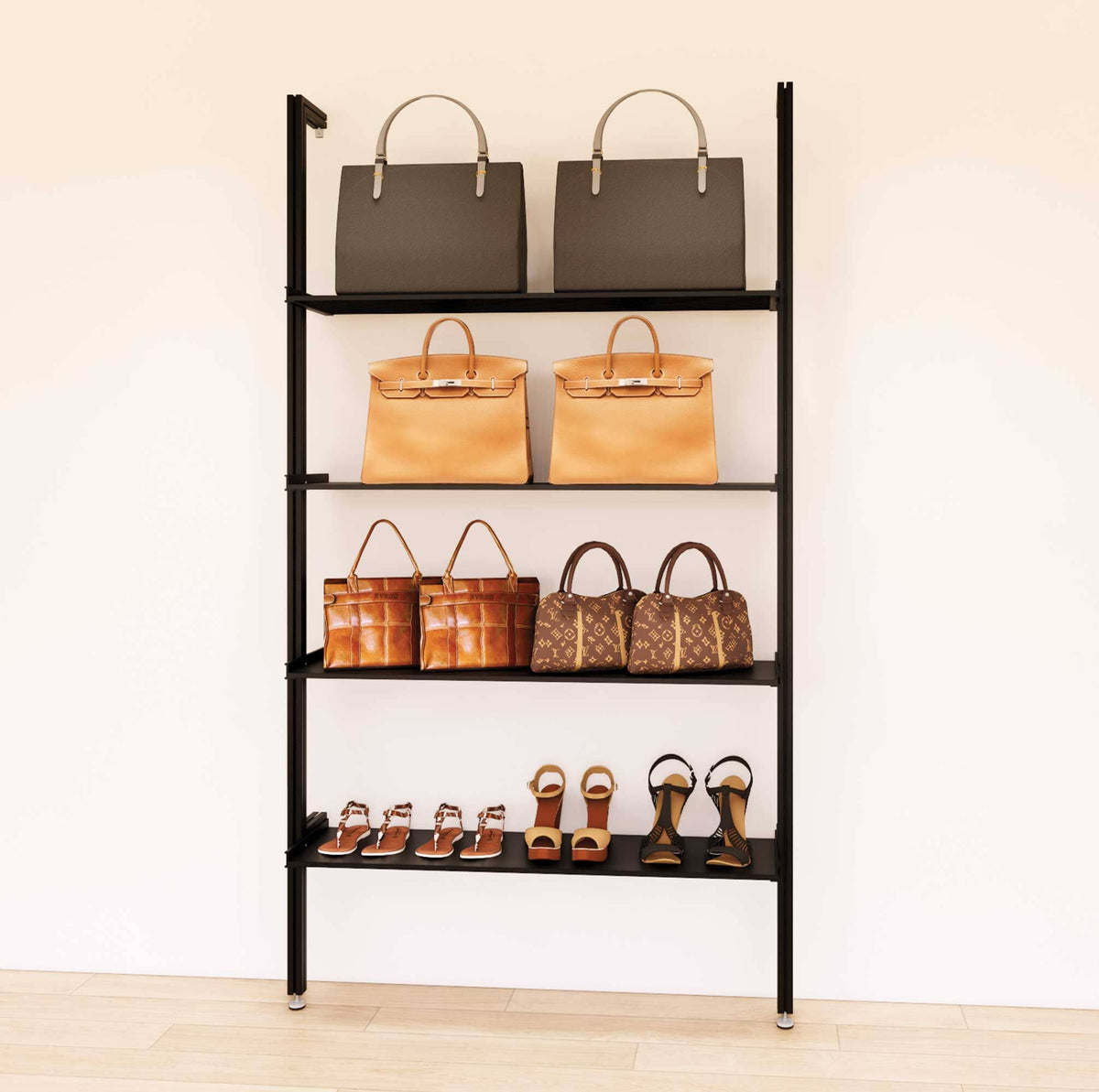 Retail display shelving unit with black shelves and black vertical posts, shown with open display shelves in a 48-inch, one-bay configuration.