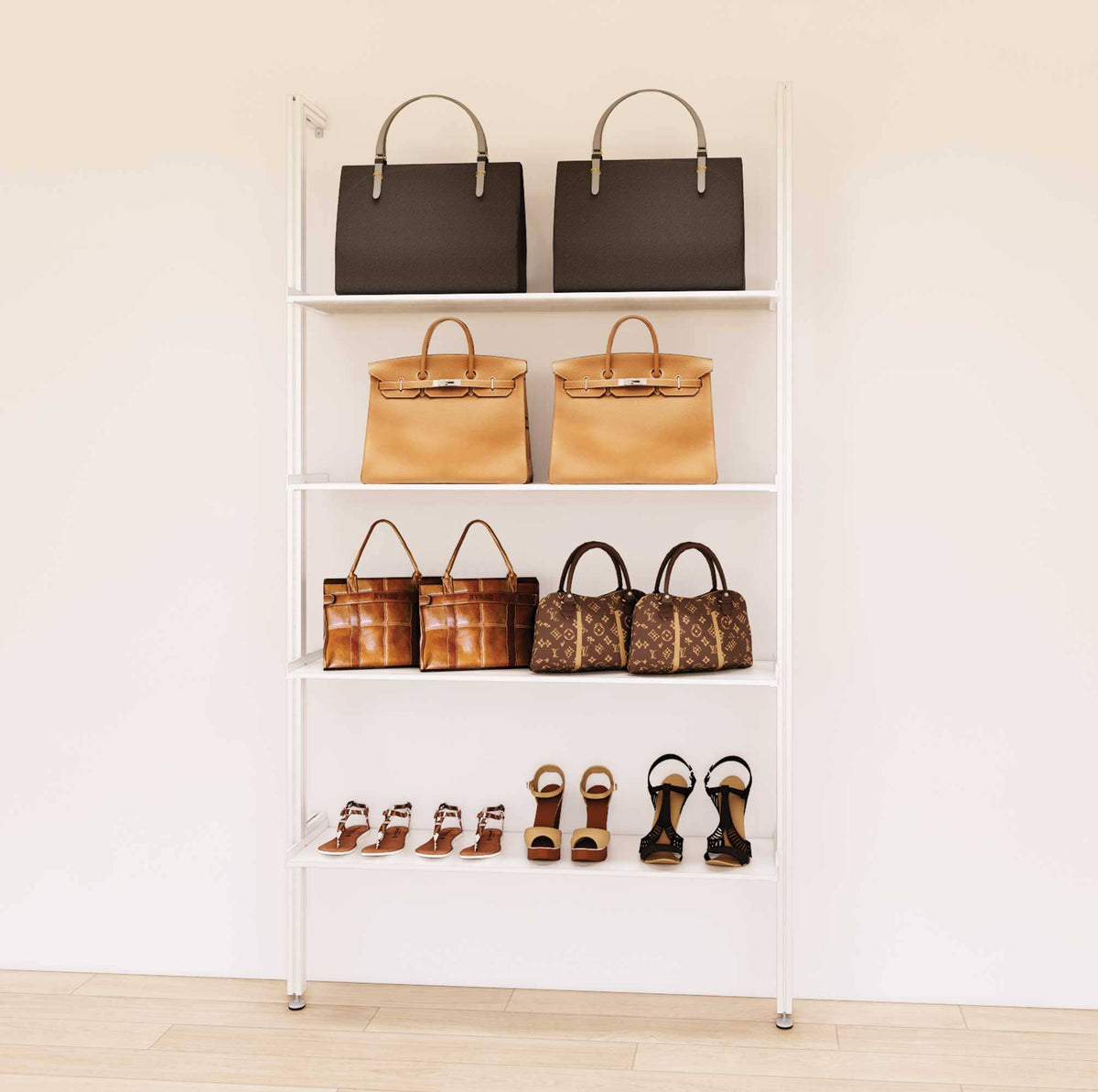 Retail display shelving unit with white shelves and white vertical posts, shown with open display shelves in a 48-inch, one-bay configuration.