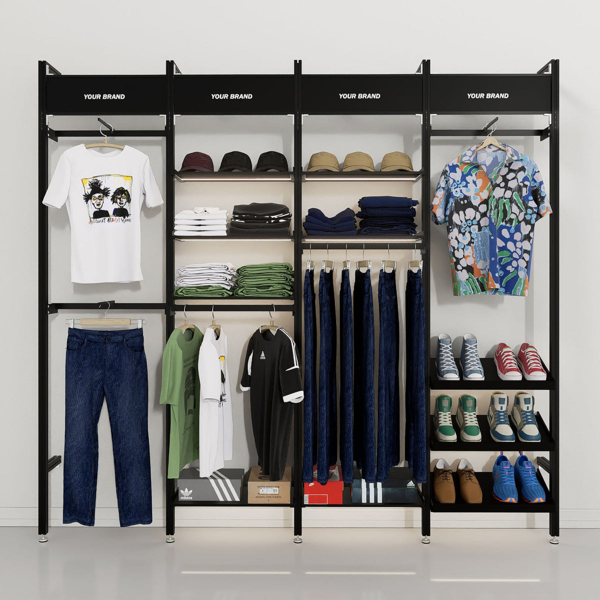 Retail display shelving unit with satin shelves and satin vertical posts, four bays.