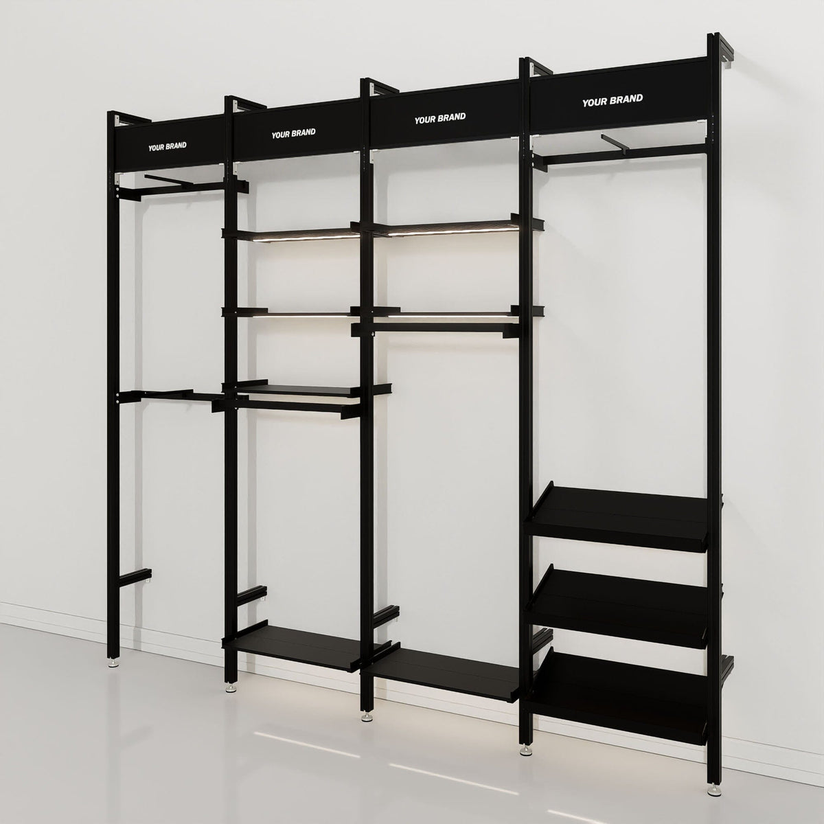 Retail display shelving unit with white shelves and white vertical posts, four bays.