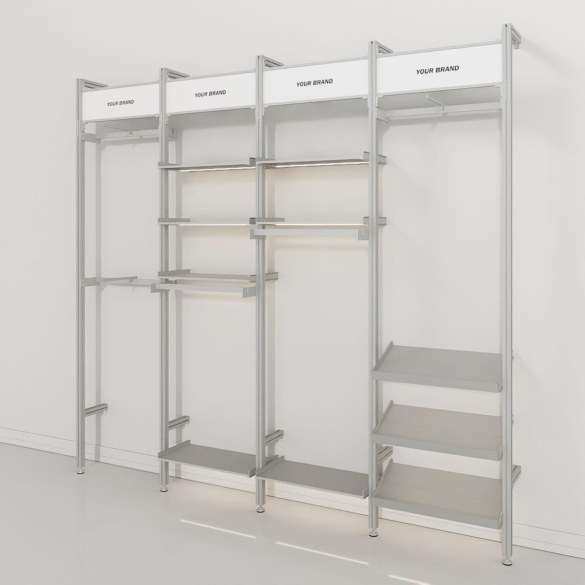 Retail display shelving unit with satin shelves, satin vertical posts, and four bays, plus signage, shown with open shelving.