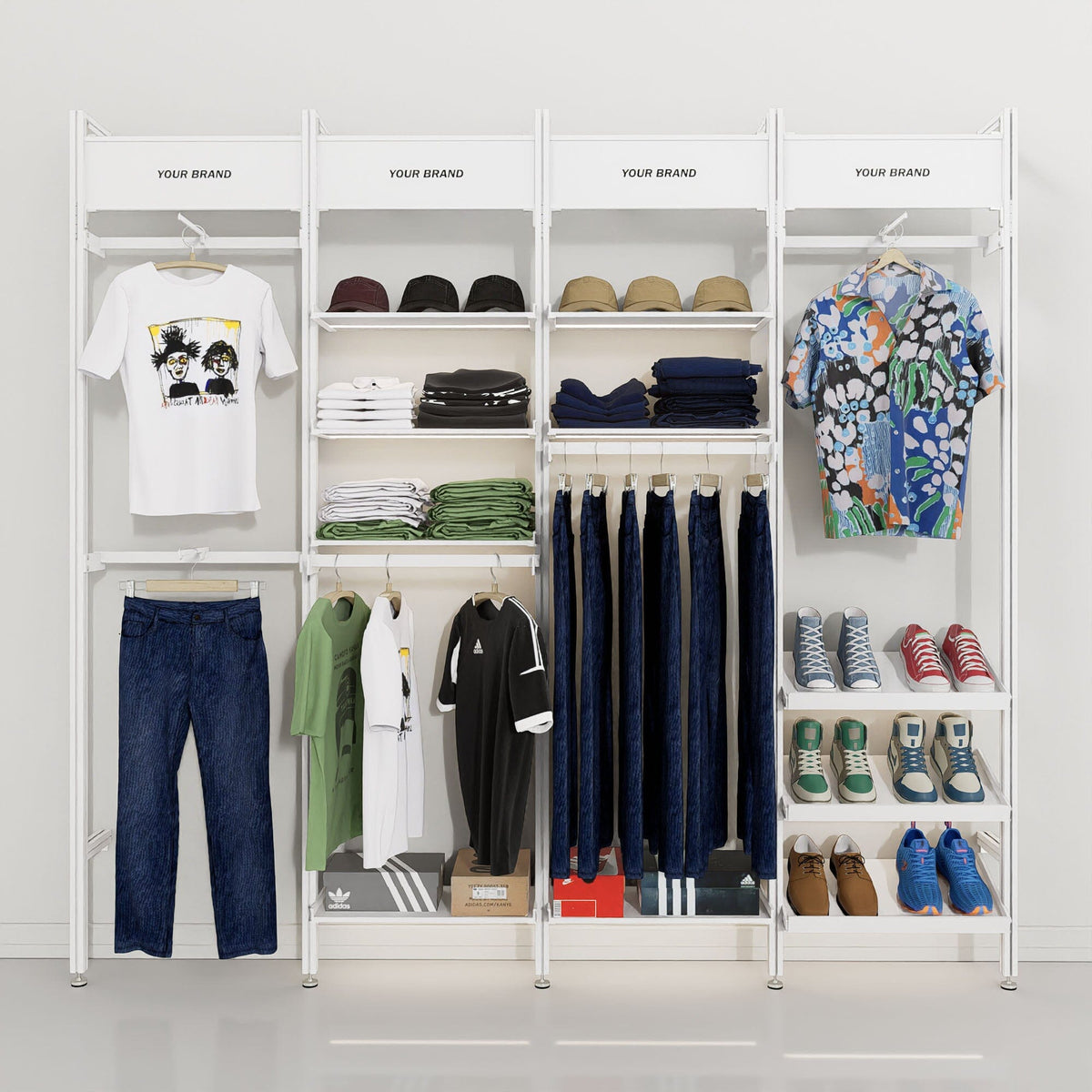 Retail display shelving unit with white shelves, white vertical posts, and four bays, plus signage, shown with open shelving.