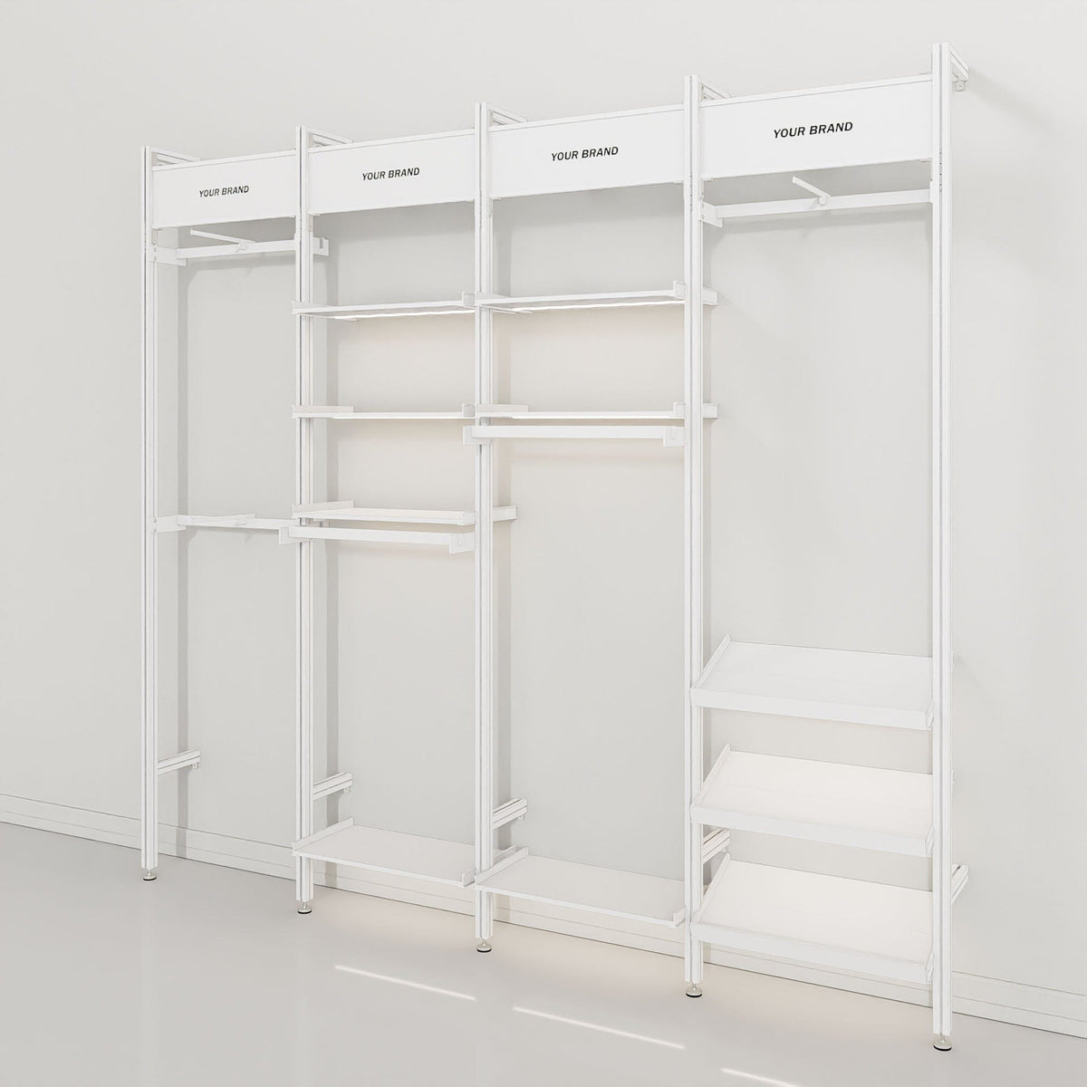 Retail display shelving unit with white shelves, white vertical posts, and four bays, plus signage, shown with open shelving.