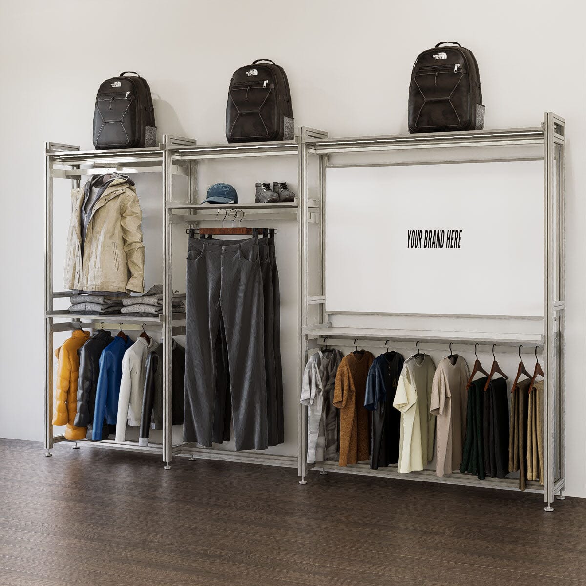 Stand Alone Modern Retail Display with Top Shelving/Branding