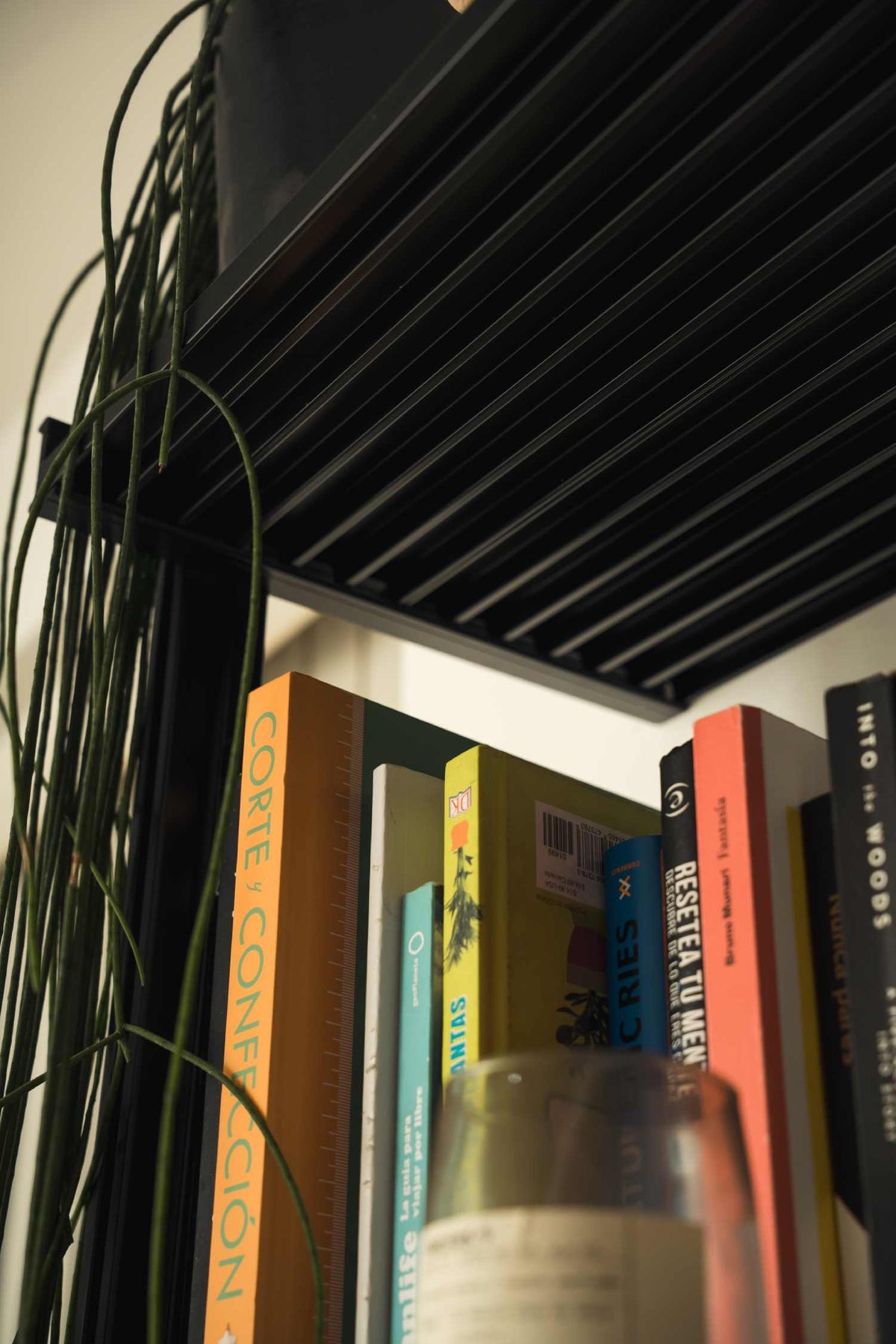 Floor-to-ceiling room divider shelving unit with white shelves and black vertical posts, one bay, 24-inch bay width, six open shelf levels, floor-to-ceiling supports, styled in a room setting with books and decor.