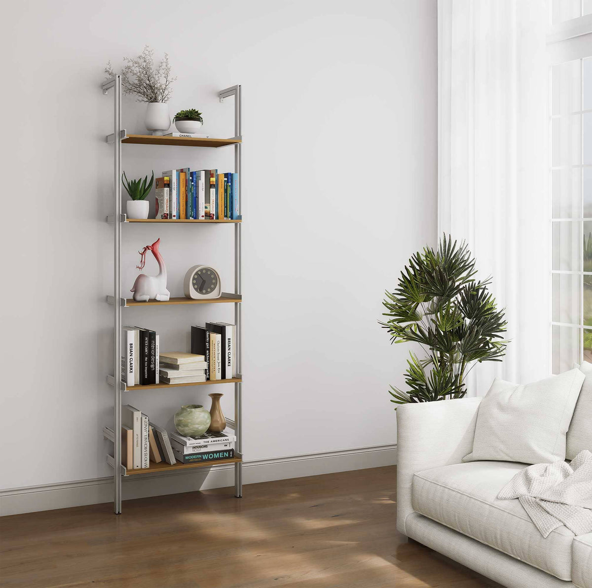 Aluminaire wood inspired modular shelving extension with wood-look aluminum shelves and satin vertical post, one bay, 24-inch shelf width, shown with open shelf levels.