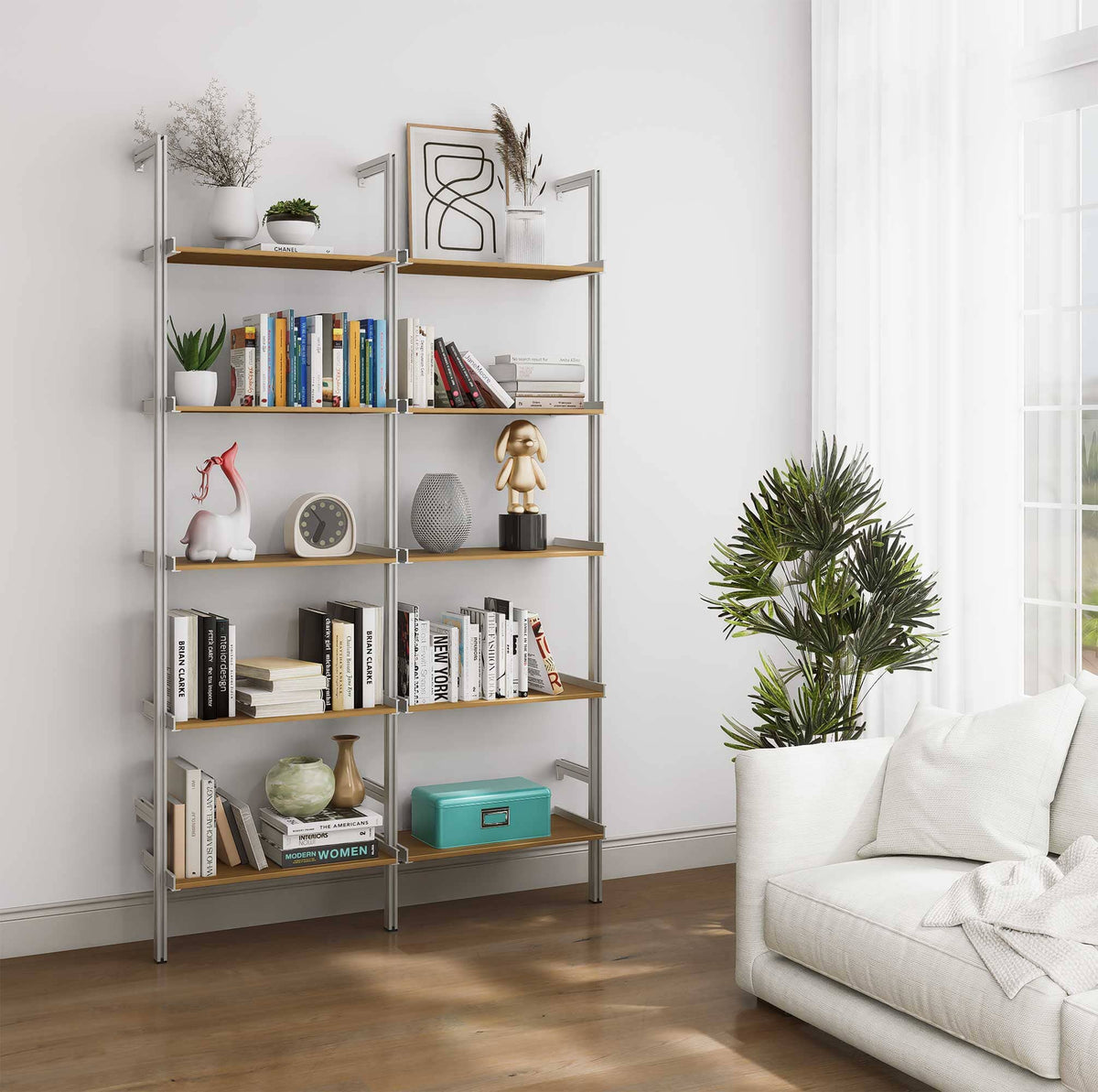 Aluminaire wood inspired modular shelving unit with wood-look aluminum shelves and satin vertical posts, two bays, 24-inch shelf width, shown with open shelf levels.