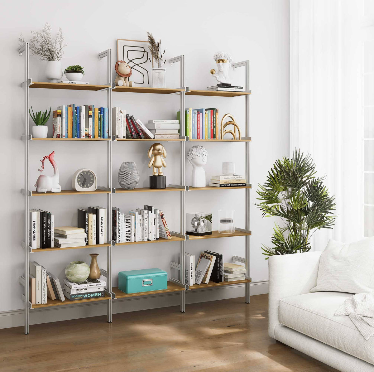 Aluminaire wood inspired modular shelving unit with wood-look aluminum shelves and satin vertical posts, three bays, 24-inch shelf width, shown with open shelf levels.