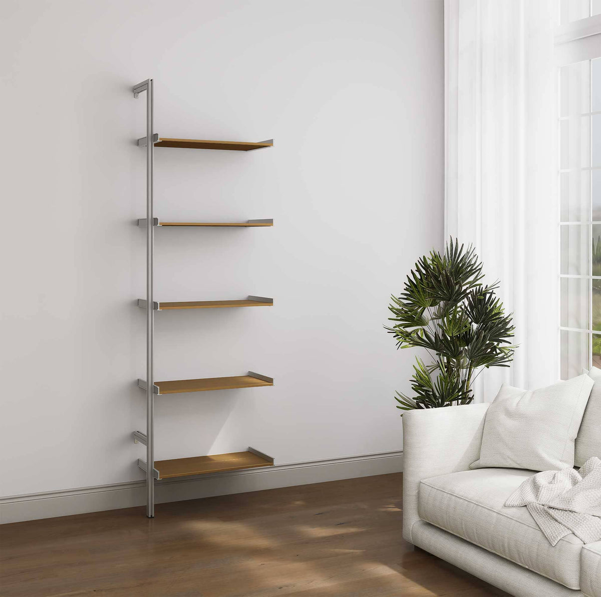 Aluminaire wood inspired modular shelving extension with wood-look aluminum shelves and satin vertical post, one bay, 24-inch shelf width, shown with open shelf levels.